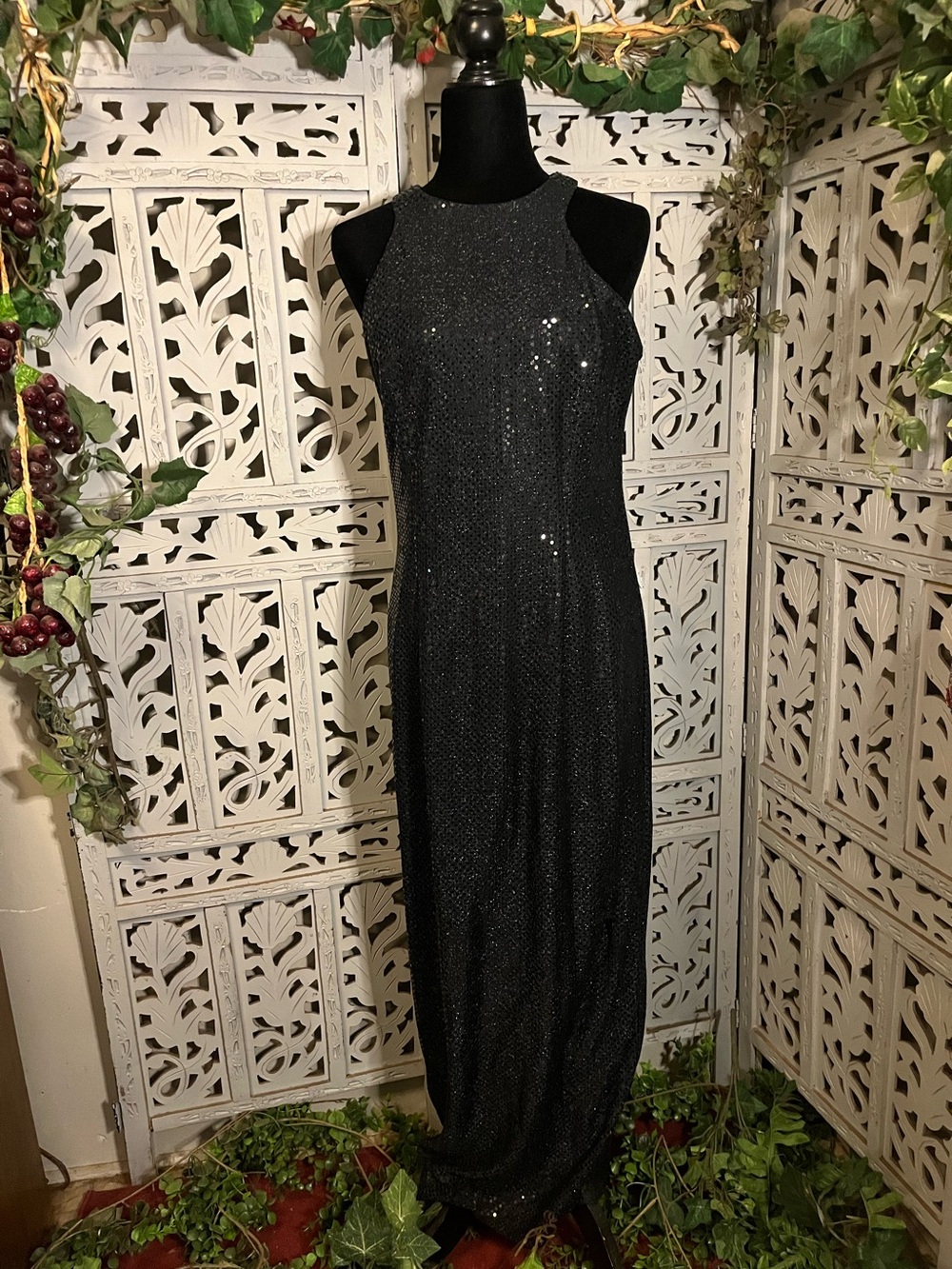 ALL THAT JAZZ VINTAGE BLACK WITH GLITTERY SEQUINS HALTER MAXI FORMAL DRESS